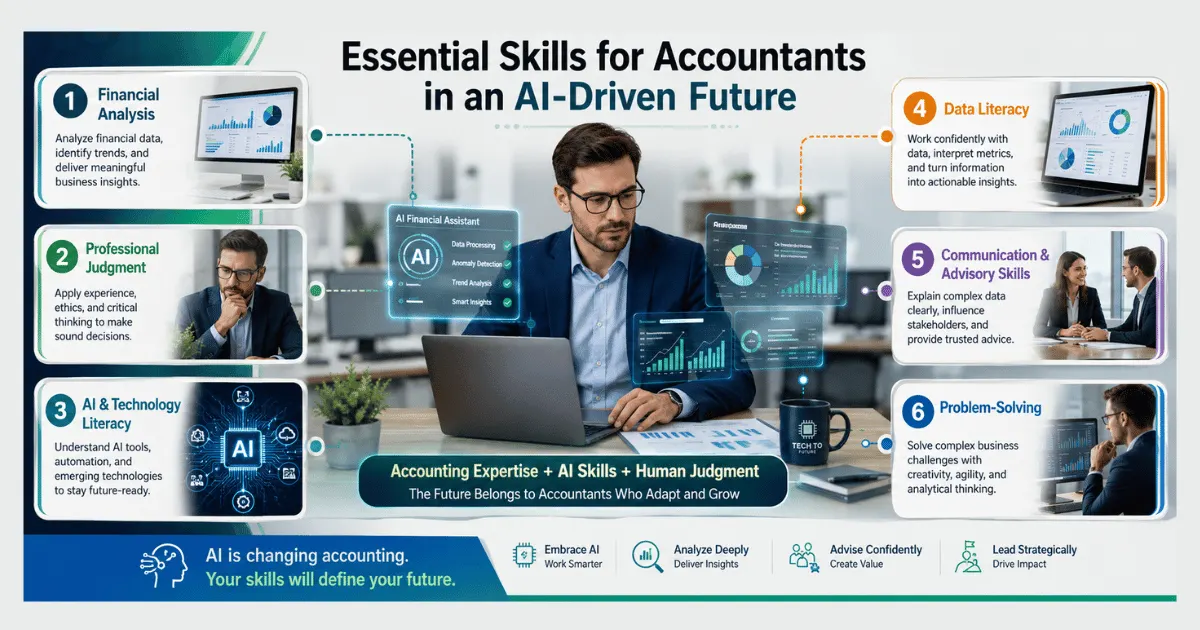Essential skills accountants need to work with AI, including financial analysis, AI literacy, data literacy, judgment, communication, and problem-solving