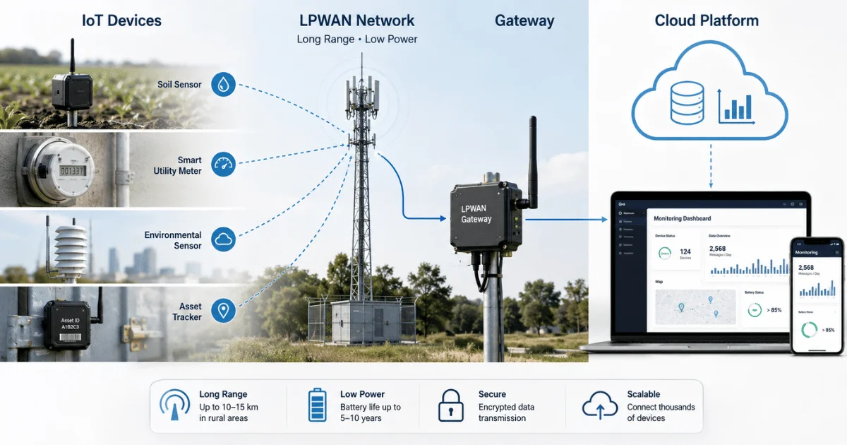Realistic infographic showing how LPWAN connects IoT devices such as a soil sensor, smart utility meter, environmental sensor, and asset tracker to a gateway and cloud platform for long-range, low-power communication.