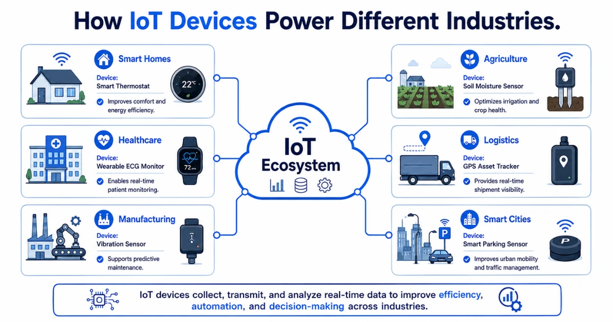 Infographic showing IoT devices used across smart homes, healthcare, manufacturing, agriculture, logistics, and smart cities.