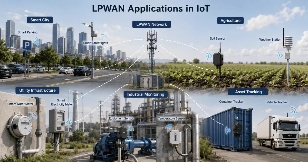 LPWAN applications in IoT including smart cities, agriculture, smart metering, industrial IoT, and asset tracking