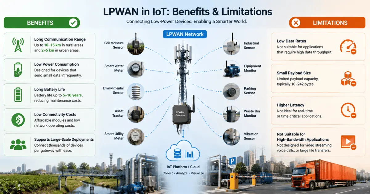 Benefits and limitations of LPWAN in IoT showing long range, low power use, low data rates, and limited bandwidth