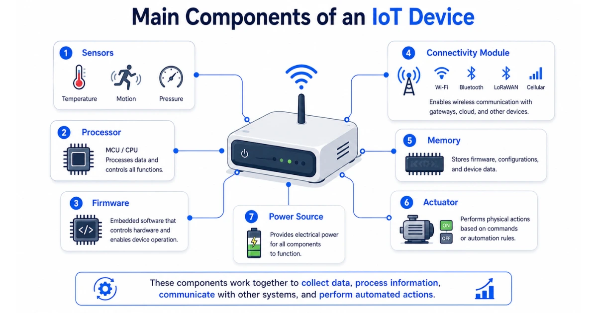 Diagram showing the main components of an IoT device, including sensors, processor, firmware, connectivity module, memory, actuator, and power source.
